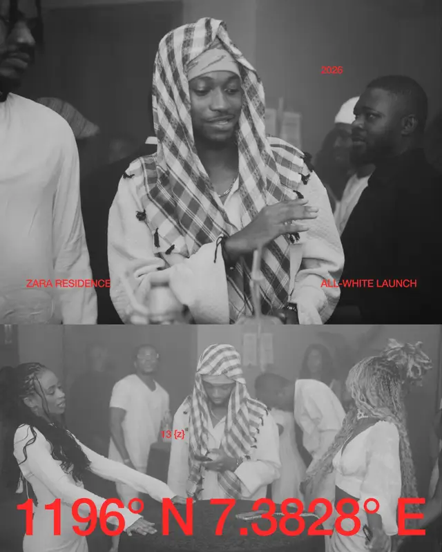A guest in a checkered headwrap